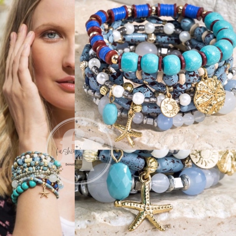 Blue Lagoon Stackable Boho Beach Stacked Bead Arm Party Charm Stack Bracelet Set